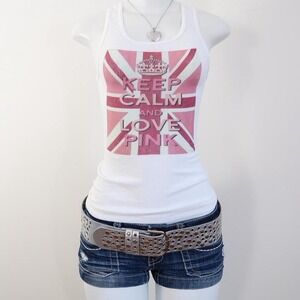 2010s keep calm love pink union jack graphic tank white ribbed baby tee size S